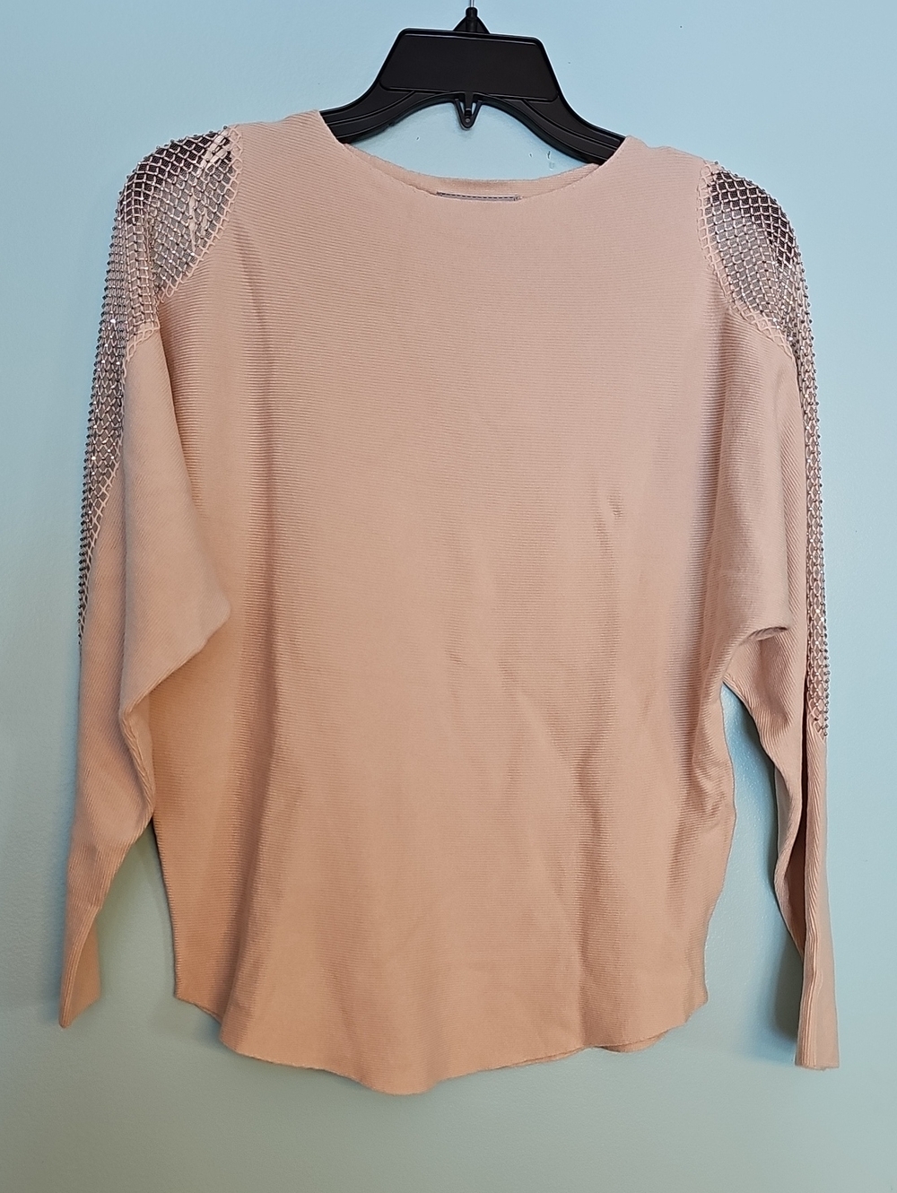 Liv Milano cream/beige Mesh-Embellished Shoulder Knit Top
